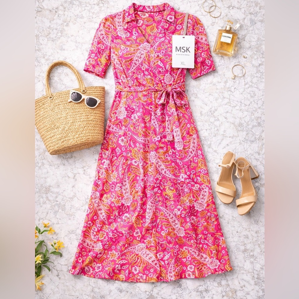 MSK Paisley Midi Dress XL NWT Fuchsia Pink Mango Boho Floral Vacation Casual - Picture 2 of 7
